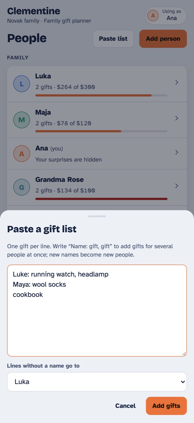 Pasting a gift list