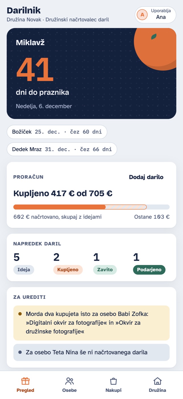 Pregled v aplikaciji Darilnik z odštevanjem in proračunom