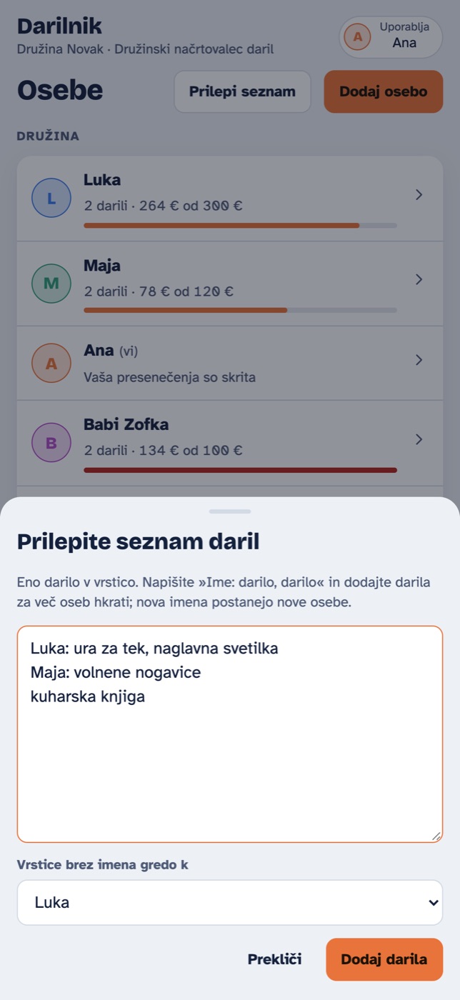 Lepljenje seznama daril